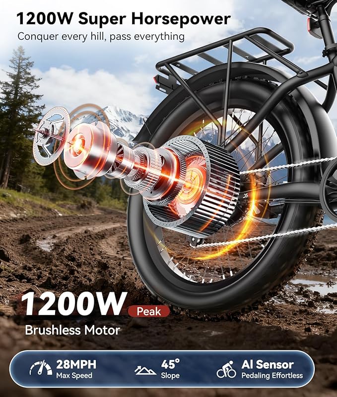 OTD Electric Bike, 1200W Peak Motor, 28 MPH Max Speed & 80 Miles with 624Wh Removable Battery, Ebike for Adults, Hydraulic Brakes, Front Suspension, 26'' x 4'' Fat Tire Bicycles