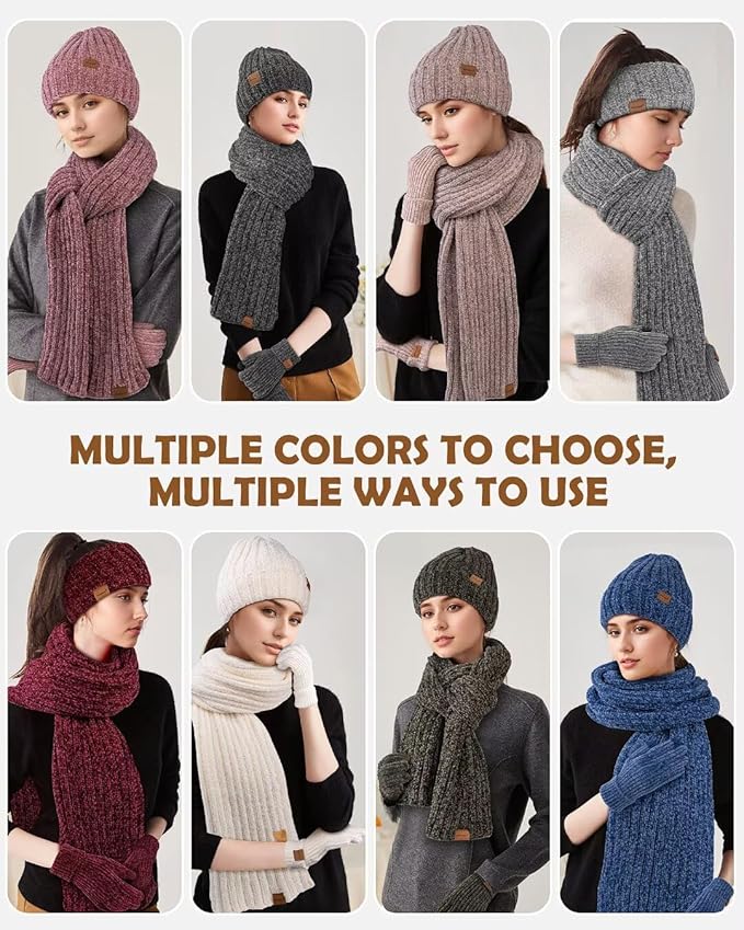 Women Beanie Scarf Gloves Headband Set, Chenille Winter Hats Fleece Lined Ear Warmer Knit Scarf Touchscreen Gloves 4 Gift Set