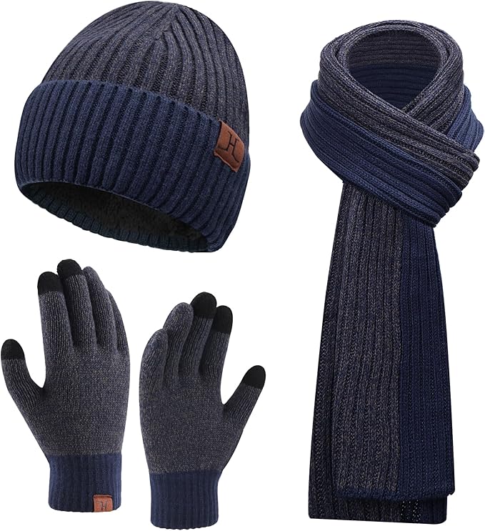 FZ FANTASTIC ZONE Mens Winter Knit Hat Beanie Long Neck Scarf Touchscreen Gloves Set Fleece Skull Caps Gifts for Men Women