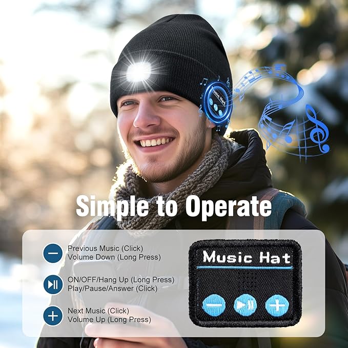 Bluetooth Beanie with Light, Rechargeable Unisex Wireless LED Music Cap, Gifts for Men Women