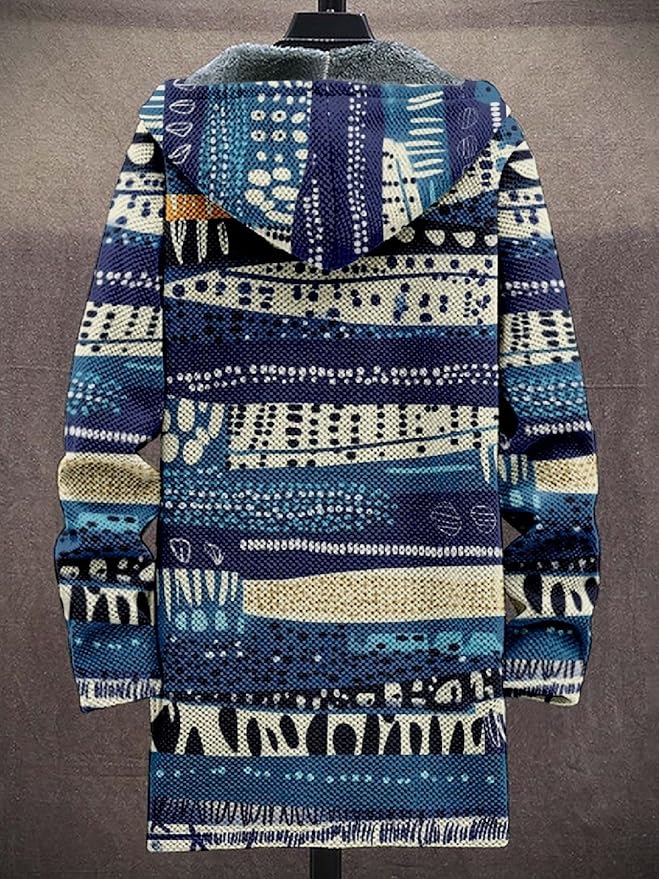 2025 Men's Ethnic Pattern Hooded Jacket Long Cardigan Hoodies Full Zip Vintage Knitted Zipper Coat with Pocket
