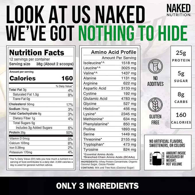 NAKED Chocolate Whey 1LB - All Natural Grass Fed Whey Protein Powder, Organic Cacao, and Coconut Sugar - No GMO, No Soy, and Gluten Free, Aid Growth and Recovery - 12 Servings