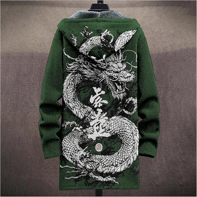 Mens Hooded Cardigan Japanese Art Zip Up Long Sleeve Sweater Hoodie Dragon Print Coat with Pockets