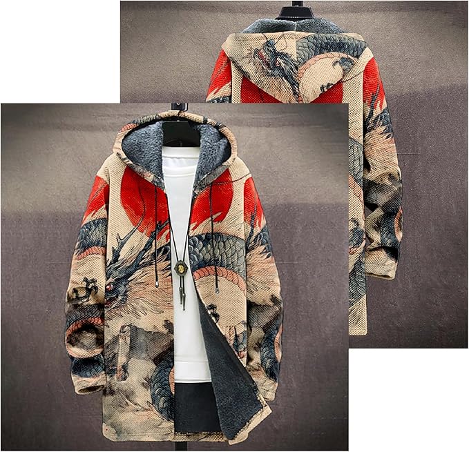 Mens Hooded Cardigan Japanese Art Zip Up Long Sleeve Sweater Hoodie Dragon Print Coat with Pockets