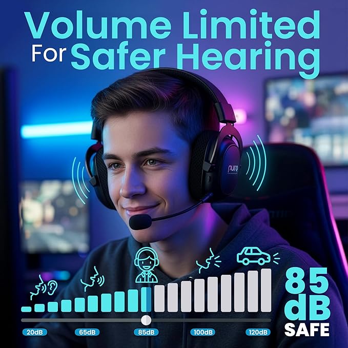 Puro Sound Labs Wireless Gaming Headset - Easy to Pair with 2.4GHz USB, Volume-Limited, Tri-Mode Connectivity, Detachable Mic, 32-Hour Battery, Wireless Gaming Headphones for PC - PuroGamer-BT, Black