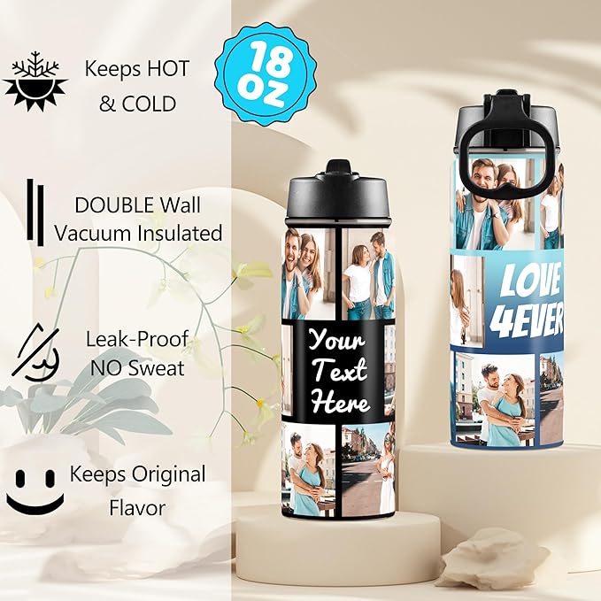 Personalized Photo Water Bottles, 18oz/32oz Custom Pictures Stainless Steel Insulated Sport Water Bottle with Straw Lid & Handle, Customized Cup Gifts for Men Women Birthday Anniversary Christmas
