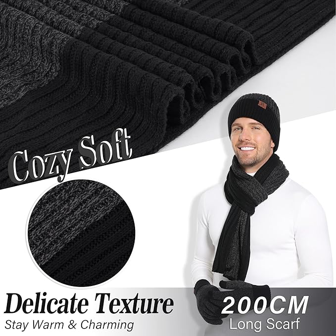 FZ FANTASTIC ZONE Mens Winter Knit Hat Beanie Long Neck Scarf Touchscreen Gloves Set Fleece Skull Caps Gifts for Men Women