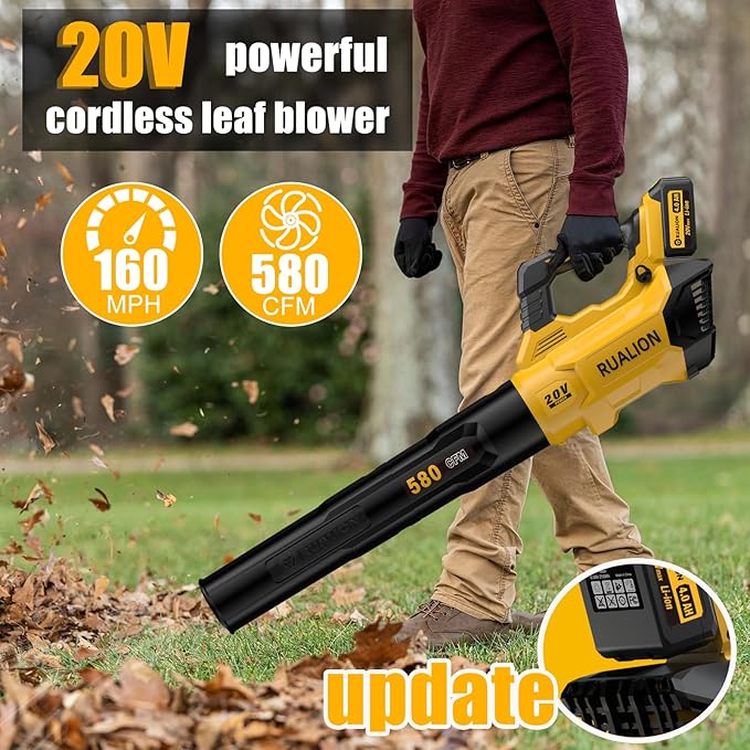 Leaf Blower Cordless, Electric Leaf Blowers Up to 580 CFM 160 MPH, Battery Powered Blowers for Lawn Care, Patio, Garage(2 * 20V 4.0 Ah Batteries and Charger Included)