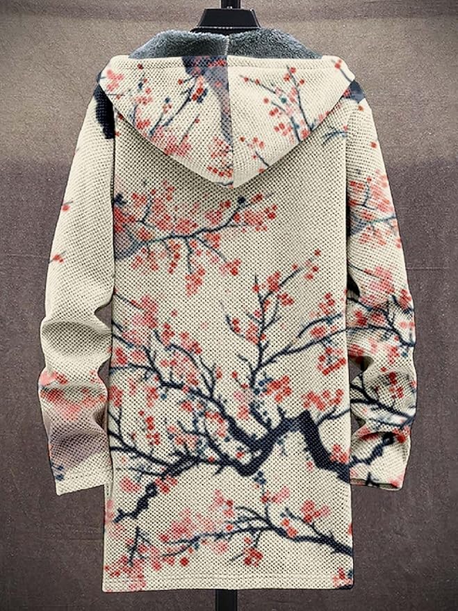 2025 Men's Ethnic Pattern Hooded Jacket Long Cardigan Hoodies Full Zip Vintage Knitted Zipper Coat with Pocket