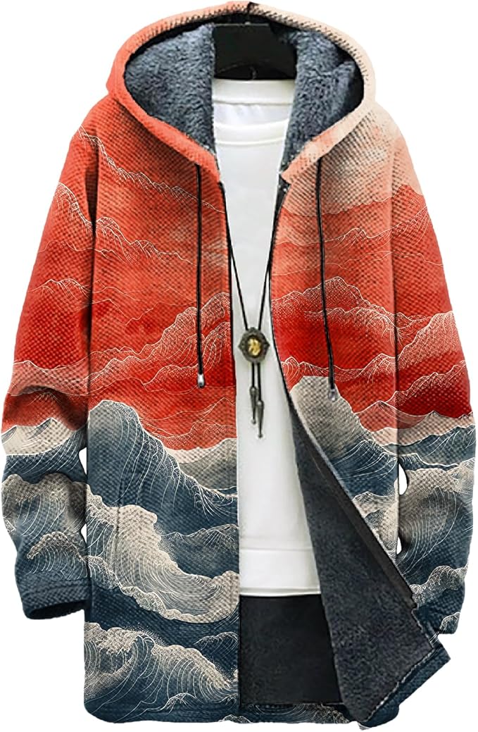 MARSVOVO Long Hooded Cardigan Men Japanese Art Style Fashion Cool Graphic Streetwear Winter Warm Lined Fleece Jacket