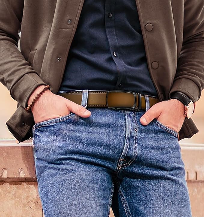 BULLIANT Men's Ratchet Belt 2 Pack-Click Leather Belt Adjustable for Men Gift 1 3/8-Cut for Perfect Fit