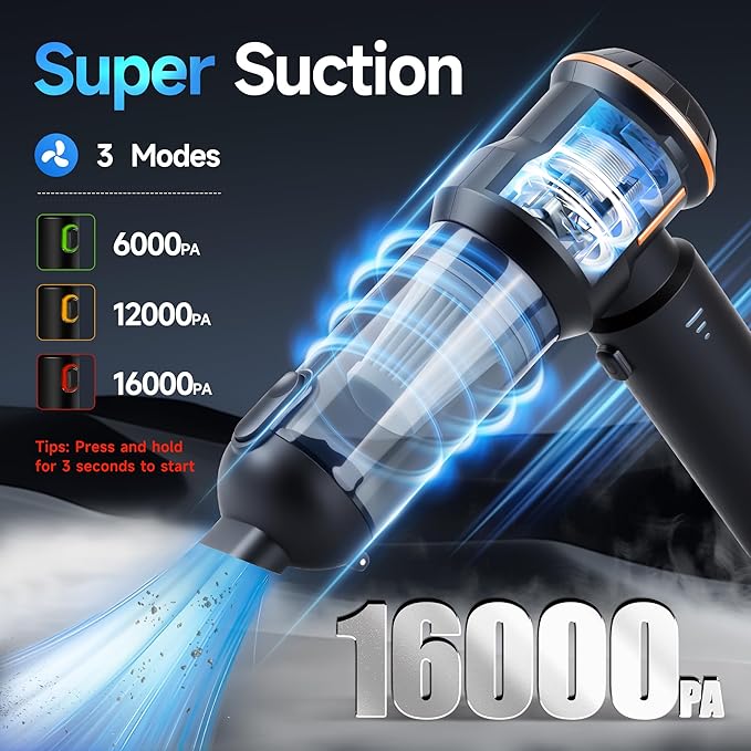 Portable Cordless Mini Car Vacuum Cleaner 16KPa - 80000RPM Brushless Motor Handheld 4-in-1 Compressed Air Duster & Air Blower & Pump Hand Held Vacuum for Car, Home, Office, Camping, Pet