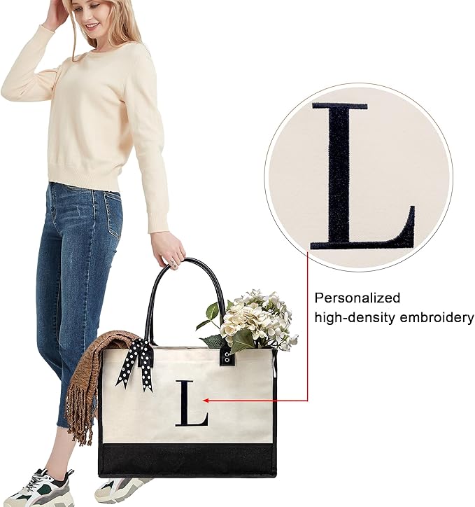 BeeGreen Christmas Gifts Initial Tote Bag-for-Women, Friends-Mother Gifts with Embroidery Initial Monogram, Large Canvas Tote Bag with Zipper Pockets Leather Handles J