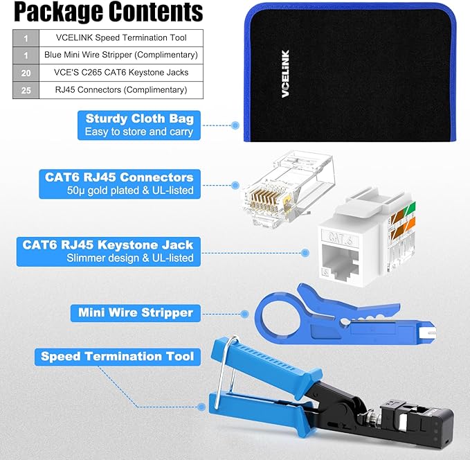 VCELINK Speed Termination Keystone Tool for VCE 90-Degree Keystone Jacks Punch Down Network Tool Kit with 20-Pack CAT6 Keystone Jacks UL-Listed White, 25-Pack RJ45 Connectors and One Mini Wire Strippe