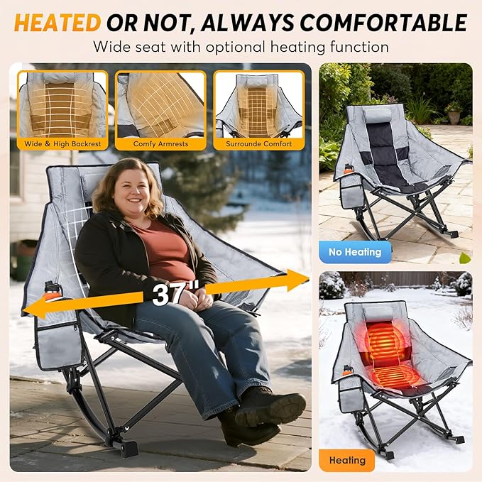 Suteck Heated Rocking Camping Chair, XL Oversized Rocking Chair Outdoor with 3 Heat Levels for Back and Seat, Heated Chairs Outdoor Sports for Patio Lawn Picnic Travel, Battery(Not Included)