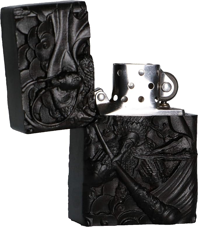 Natural Ebony Black Wood Carved Lighter Shell Box For Zippo Module (Monkey King)
