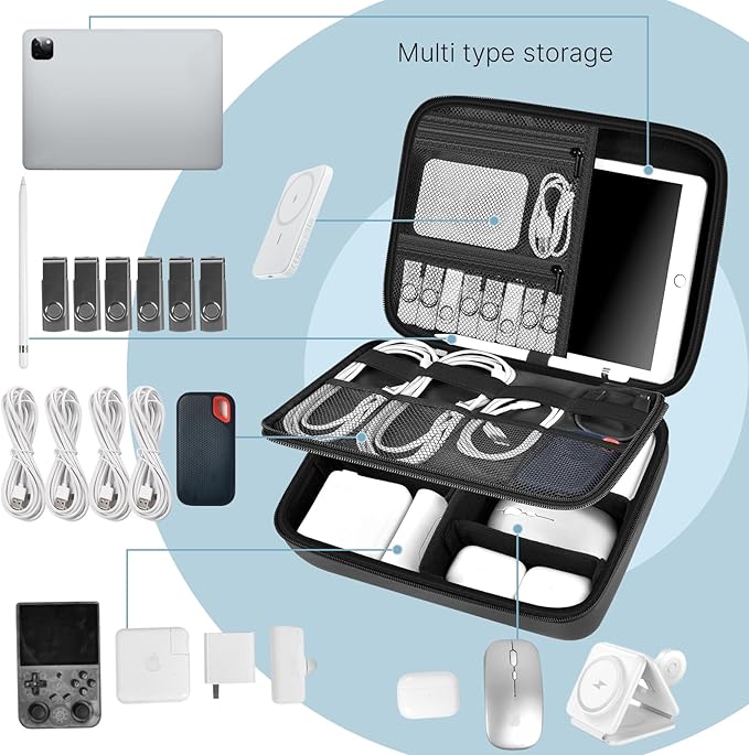 Electronics Organizer Travel Case for MacBook Power Adapter Charger Cables, Double Layer for Mouse, Power Banks, IPad, Airpods, for Apple Pencil, USB Flash Disk SD Card and Other Accessories - Black