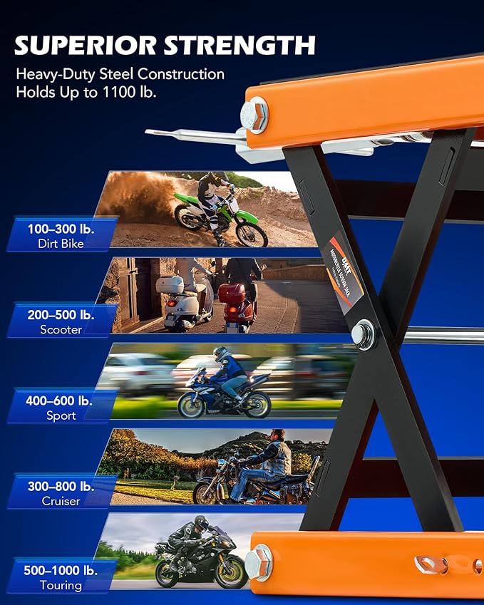 Orion Motor Tech Motorcycle Lift, 1100lb Scissor Lift Jack with Wide Deck T Handle 3/8" Socket, Motorcycle Center Stand with Chain Brush, Crank Hoist Stand for ATV Dirt Bike Cruiser, Orange