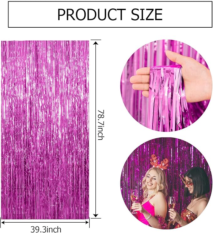 BOMSI 10 Pack Hot Pink Party Decorations Tinsel Curtain Streamers Foil Fringe Photo Booth Backdrop