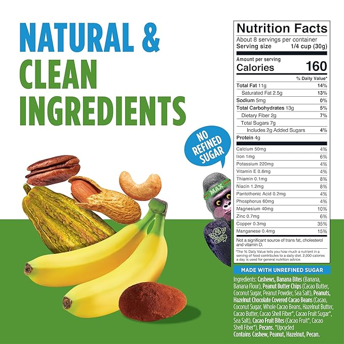 Blue Stripes - Trail Mix, Peanut Butter Banana, Cashews, Peanut Butter Chips, Healthy Snacks for Adults, Whole 70% Cacao, With Unrefined Sugar, Non GMO, Gluten Free, Vegan - 4 Pack, 8 oz
