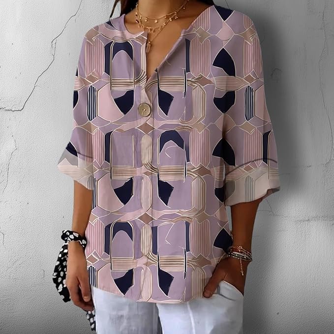 Fashion Shirts for Women Loose Fit Button Down V Neck Blouse 3/4 Sleeves Casual Tunic Tops Summer Outfits