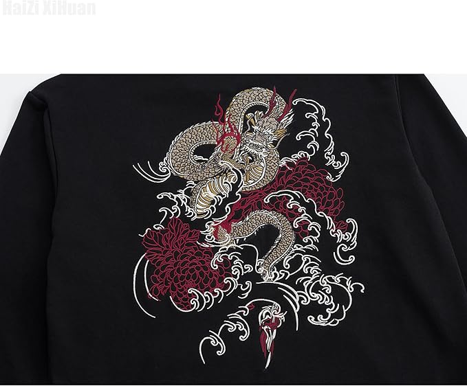 Streetwear Men's Dragon Embroidered Heavyweight Graphic Hoodies Japanese Techwear baggy Anime Hoodie