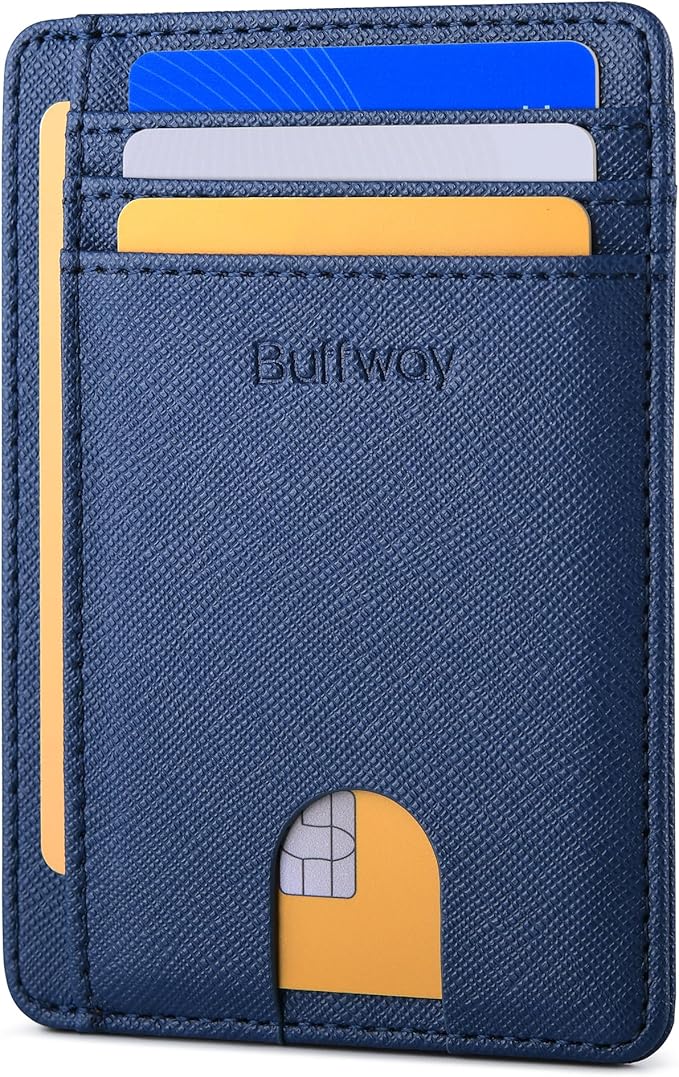 Buffway Slim Minimalist Front Pocket RFID Blocking Leather Wallets for Men and Women - Cross Blue