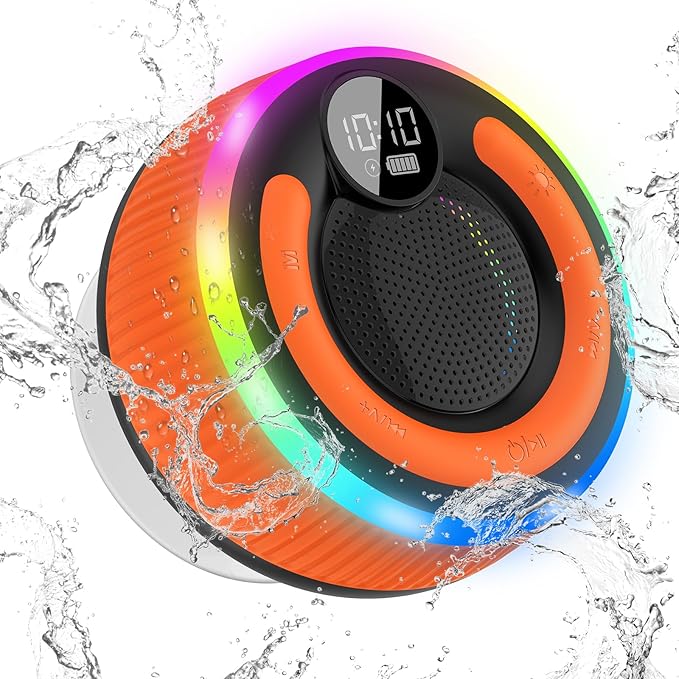 Bluetooth Speaker, Stereo Sound Shower Speaker, IPX7 Waterproof, Digital Display Portable Speaker with Suction Cup, LED Light, Small Wireless Speakers for Outdoor Party Beach Bathroom, Orange