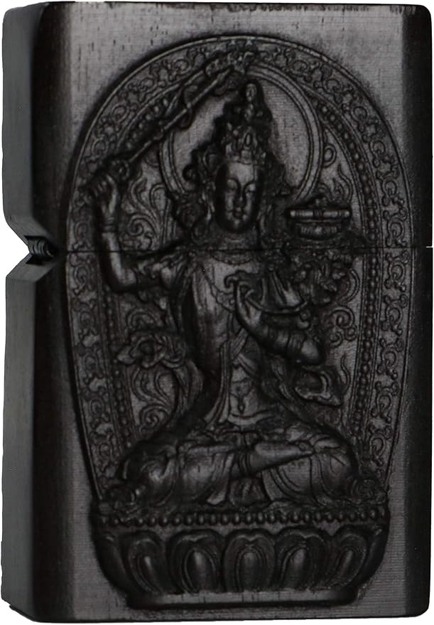 Natural Ebony Black Wood Carved Lighter Shell Box For Zippo Module (Protector Deity/Manjushri Boddhisattva)