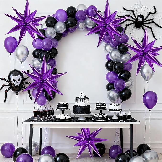 Purple Balloons Mylar Star Balloon 60Pcs Foil Spike Balloons Explosion Large Prom Ballons for Birthday Halloween Bachelorette Anniversary Wedding Engagement Party Decorations