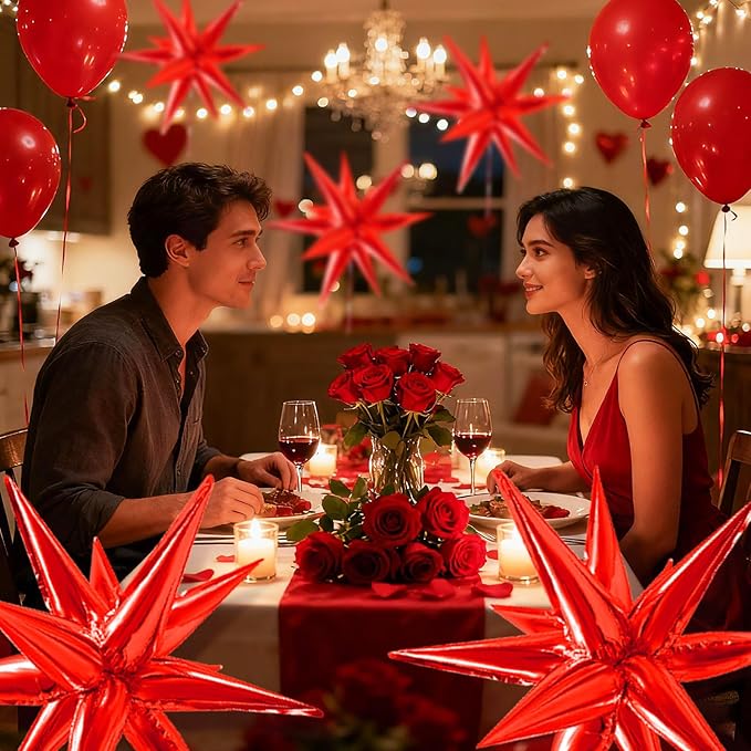 Red Star Foil Balloons Explosion 12 Point Spike Baloons Large Mylar Balloon Party Decorations Backdrops for Christmas Wedding Anniversary Bachelorette Engagement Birthday Valentine's Day