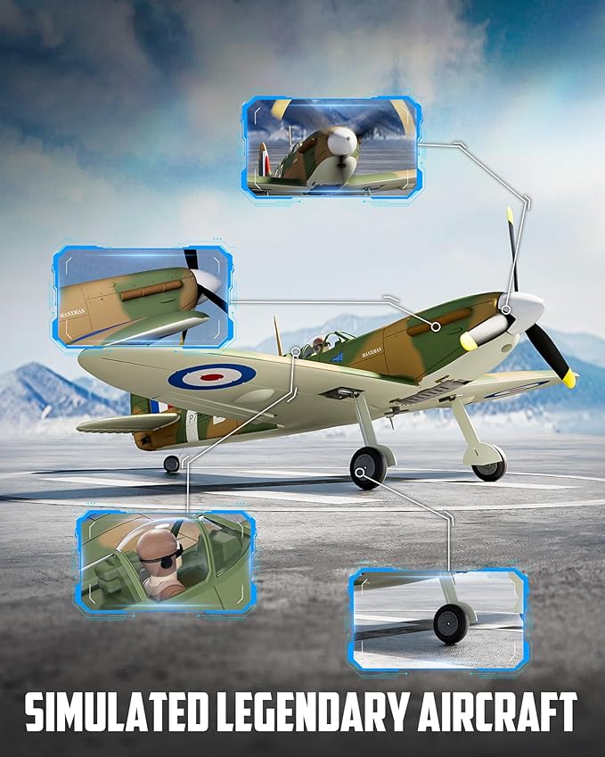volantexrc Brushless RC Plane, 4 Channel Remote Control Airplane Fighter Spitfire RTF with Aileron, Gyro, Aerobatics & 3 Modes Easy to Fly, Hobby Radio Controlled Aircraft for Beginners