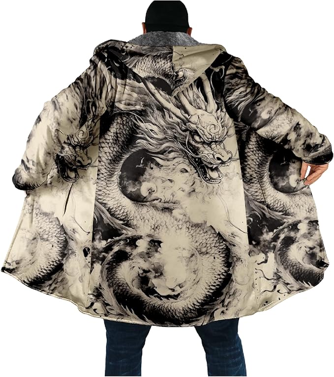 Mens Hooded Cardigan Japanese Art Zip Up Long Sleeve Sweater Hoodie Dragon Print Coat with Pockets