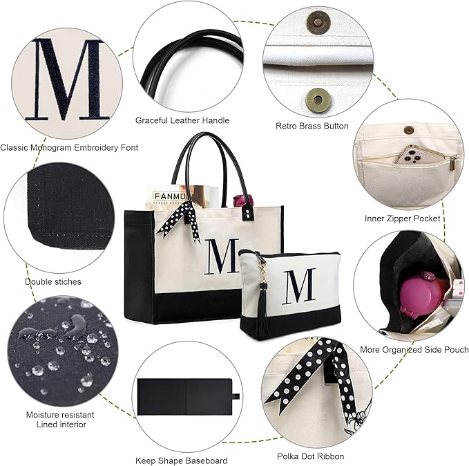 BeeGreen Christmas Gifts Initial Tote Bag-for-Women, Friends-Mother Gifts with Embroidery Initial Monogram, Large Canvas Tote Bag with Zipper Pockets Leather Handles J
