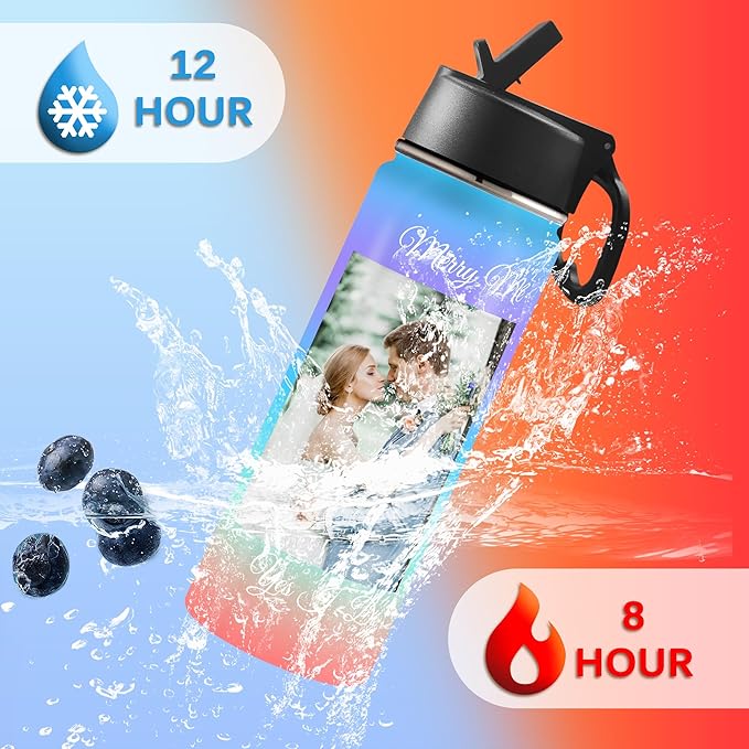 Personalized Photo Water Bottles, 18oz/32oz Custom Pictures Text Stainless Steel Insulated Sport Water Bottle with Straw Lid & Handle, Customized Cup Gifts for Men Women Birthday Anniversary Christmas