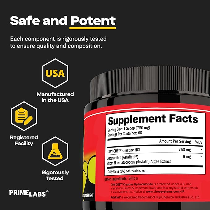 Prime Labs Creatine HCl Powder with Astaxanthin - Supports Muscle Recovery & Brain Health - Con-Cret Creatine HCl (7X More Concentrated Than Monohydrate) + AstaReal Astaxanthin 6mg - 60 Servings