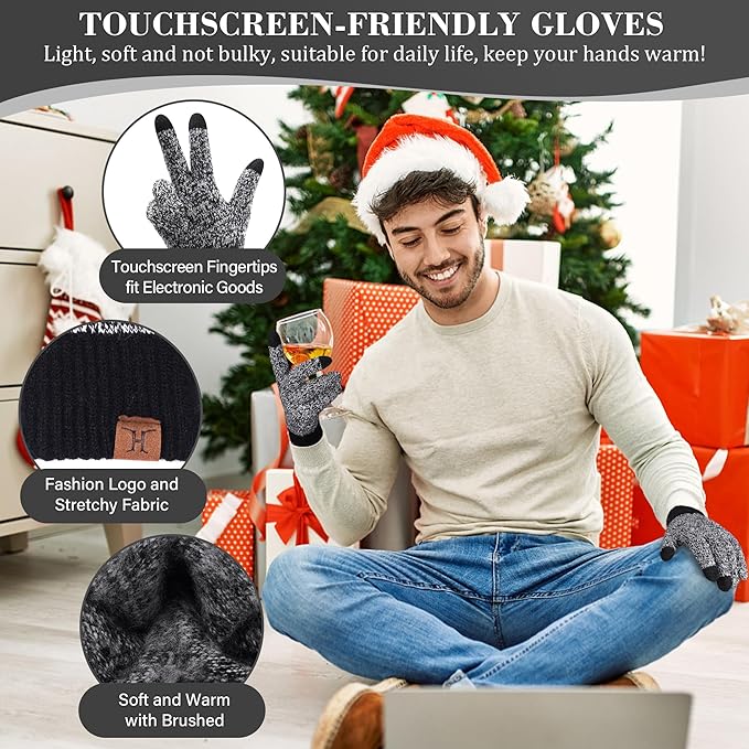FZ FANTASTIC ZONE Mens Winter Knit Hat Beanie Long Neck Scarf Touchscreen Gloves Set Fleece Skull Caps Gifts for Men Women