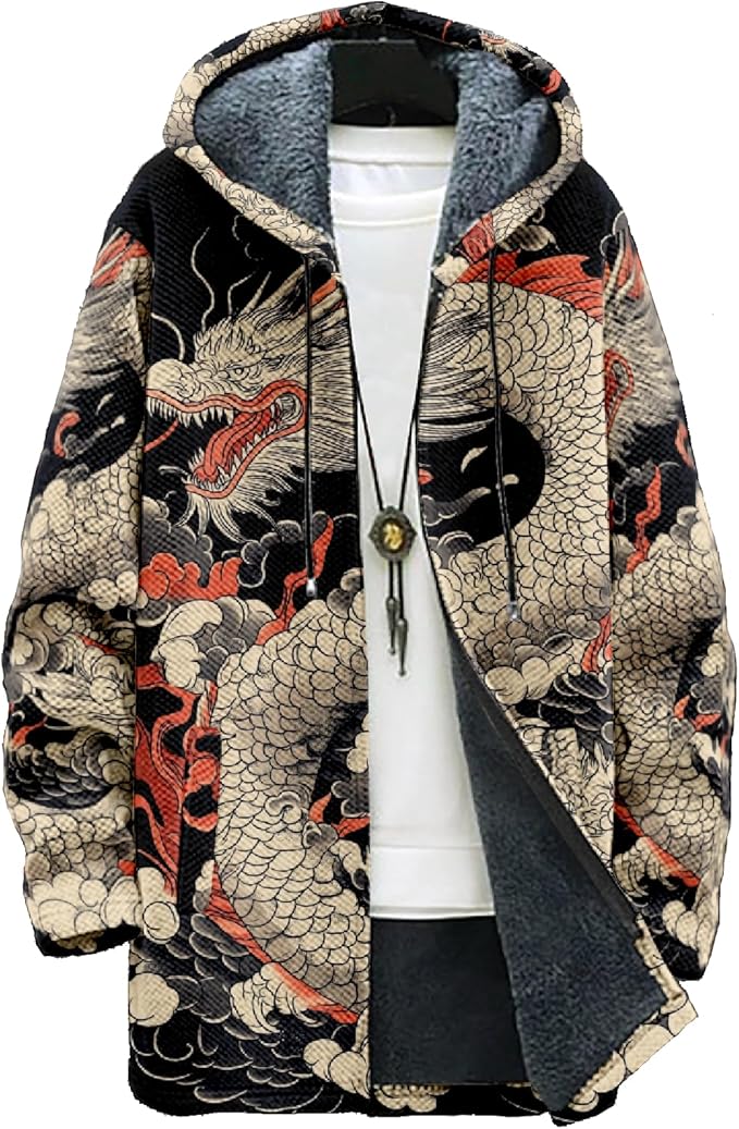 Mens Hooded Cardigan Japanese Art Zip Up Long Sleeve Sweater Hoodie Dragon Print Coat with Pockets