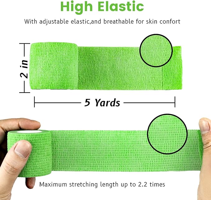 FRESINIDER 9 Rolls Self Adhesive Wrap Athletic Tape Gauze, Breathable Elastic Cohesive Bandage for Sports Injury & Pet (7 Pcs 2" x 5 Yards + 2 Pcs 1" X 5 Yards) (Fluorescent Green)