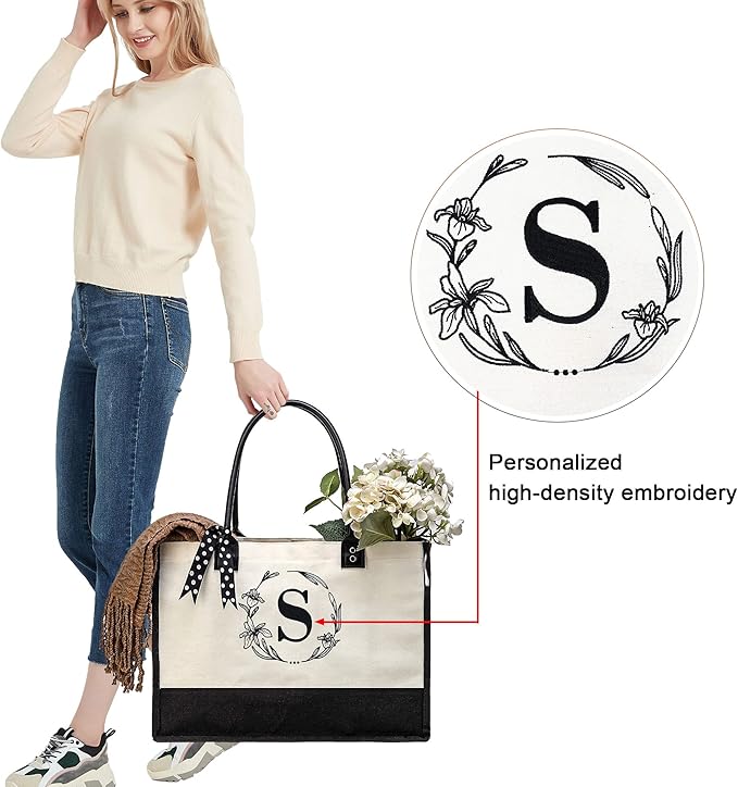 BeeGreen Christmas Birthday Gifts for Teachers Mom Nana Women Initial Tote Bag-for-Women, Friends-Mother Christmas Thank you with Embroidery Initial Monogram, Large Canvas Tote Bag K