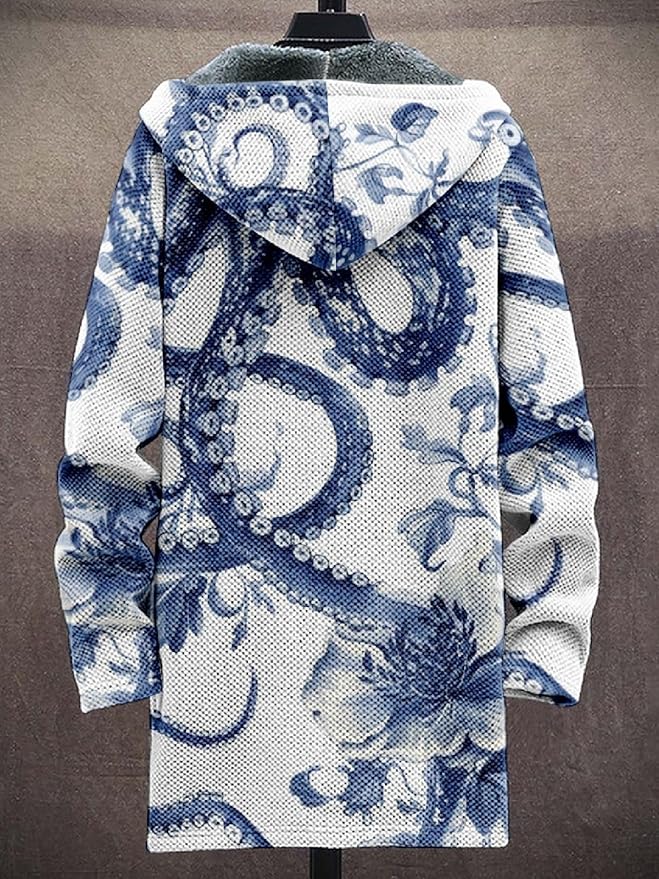 2025 Men's Ethnic Pattern Hooded Jacket Long Cardigan Hoodies Full Zip Vintage Knitted Zipper Coat with Pocket