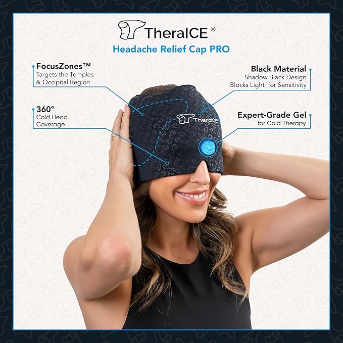 TheraICE Migraine Relief Cap PRO, Headache Relief Cap, Ice Face Mask, Cold Compress Head Wrap for Tension Headache Relief, Stress & Hangover, FocusZone Technology Provides Extra Cooling & Pressure