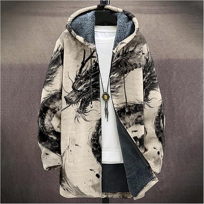 Mens Hooded Cardigan Japanese Art Zip Up Long Sleeve Sweater Hoodie Dragon Print Coat with Pockets