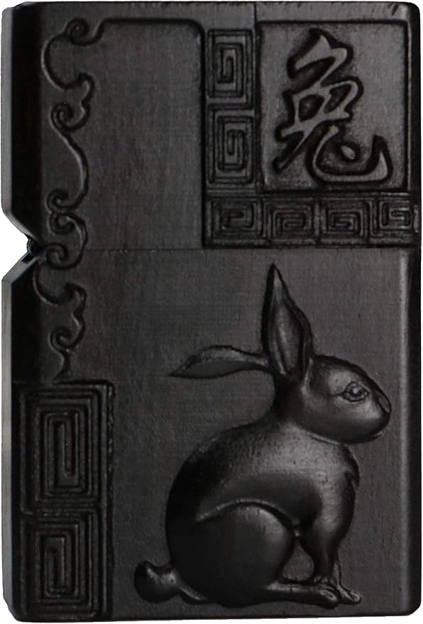 Natural Ebony Black Wood Carved Lighter Shell Box For Zippo Module (Zodiac Rabbit)