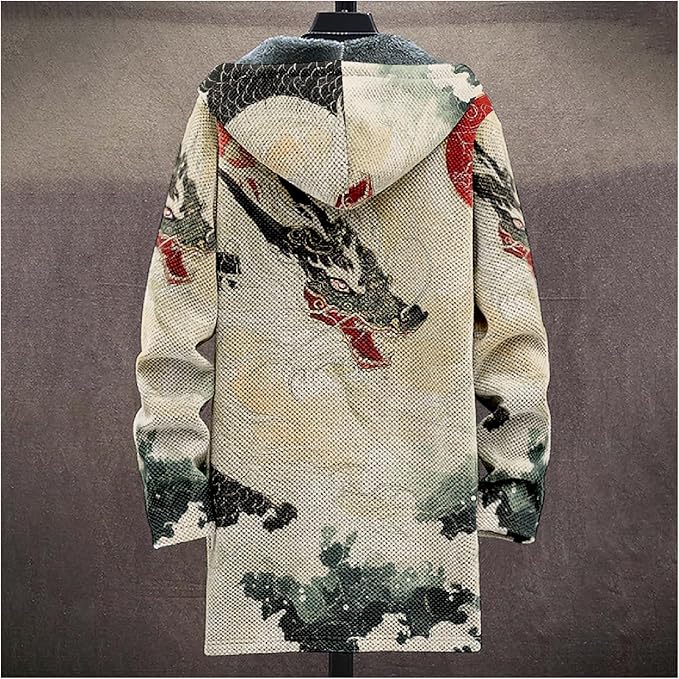 Mens Hooded Cardigan Japanese Art Zip Up Long Sleeve Sweater Hoodie Dragon Print Coat with Pockets