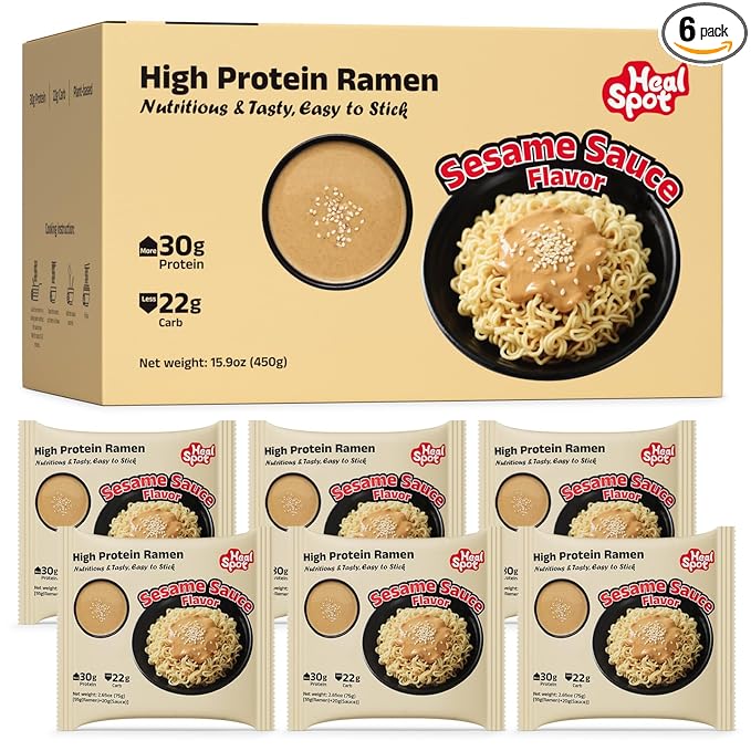 HealSpot High Protein Instant Ramen, 30g Plant Based Protein, Low Fat, Low Carb, Non GMO, Keto Friendly, Plant Based Dry Mixed Ramen, 6 Packs of Sesame Sauce Flavor