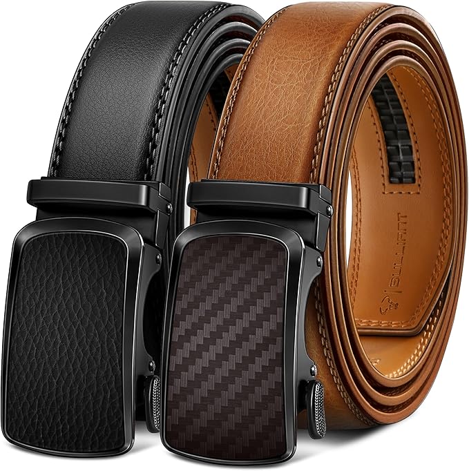 BULLIANT Men's Ratchet Belt 2 Pack-Click Leather Belt Adjustable for Men Gift 1 3/8-Cut for Perfect Fit