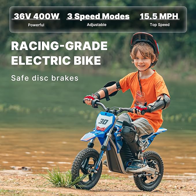 Racing Grade Electric Dirt Bike for Kids, Peak 400W Powerful Motorcycle for Ages 3-6, 36V 5.2Ah Lithium Battery, Dual Shock Absorption, 3 Speed Modes, Safe Disc Brake, 12Inch Off Road Tires, Blue