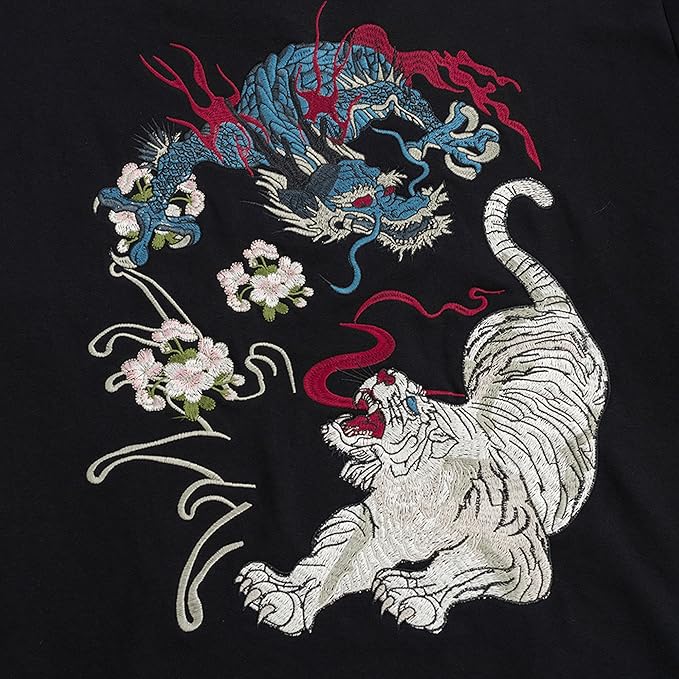 XYXIONGMAO Embroiderd Streetwear Dragon Tiger Fight Hoodies Men Japanese Black Hip Hop Graphic Hoodie Techwear Sweatshirt