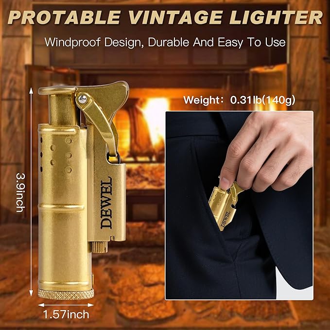 2 Pack Cool Vintage Copper&Brass Wheel Lighter, Pressure-Relief Reusable Windproof Trench, Unique Birthday Gifts for Father & Friend & Family(one Box)